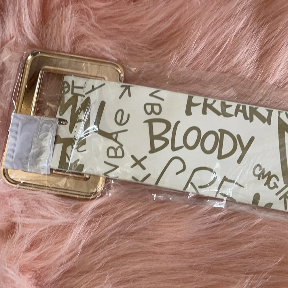 White Gold Graffiti Printed Fashion Wide Statement Belt